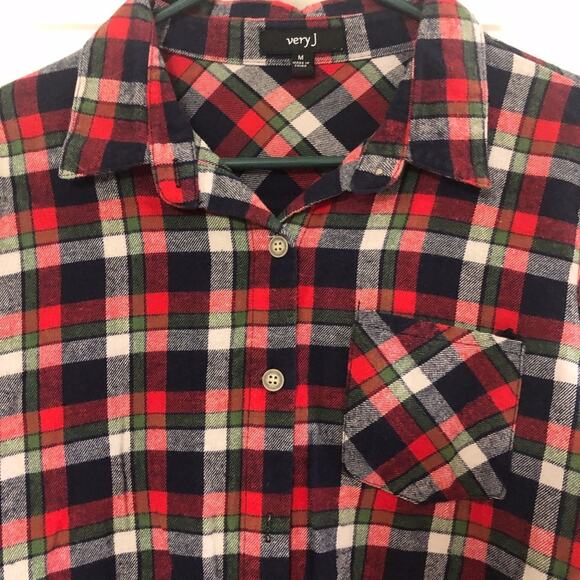 VERY J • Red + Green Plaid Flannel Button Down Shirt - Picture 3 of 4